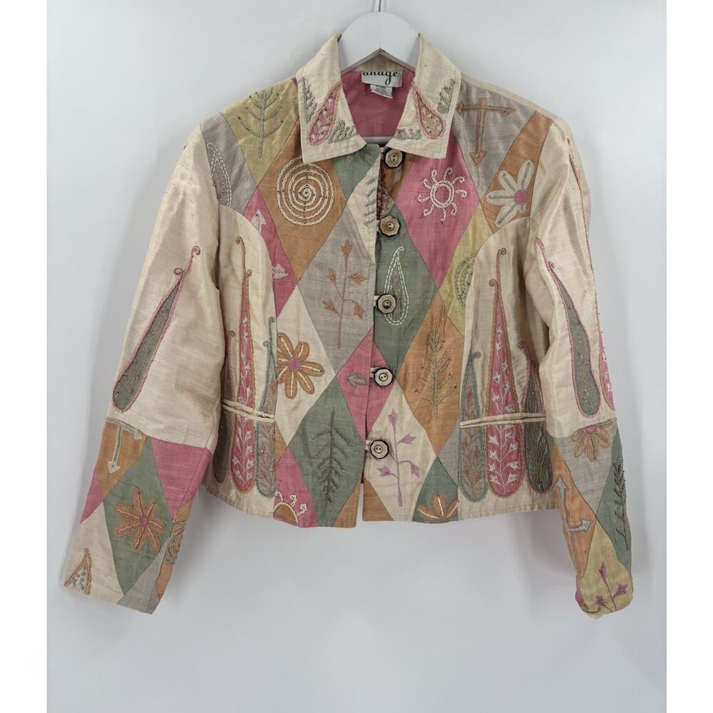 Anage Vintage Jacket Womens Large Beige Pink Green 100% Silk Embroidered Nature